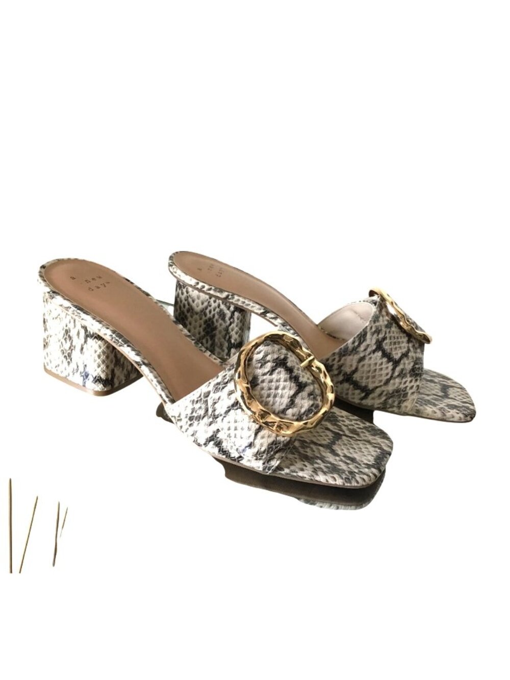 Snake-skin Block Heel Slide Sandals with Gold Buckle by A New Day - Women's Shoe